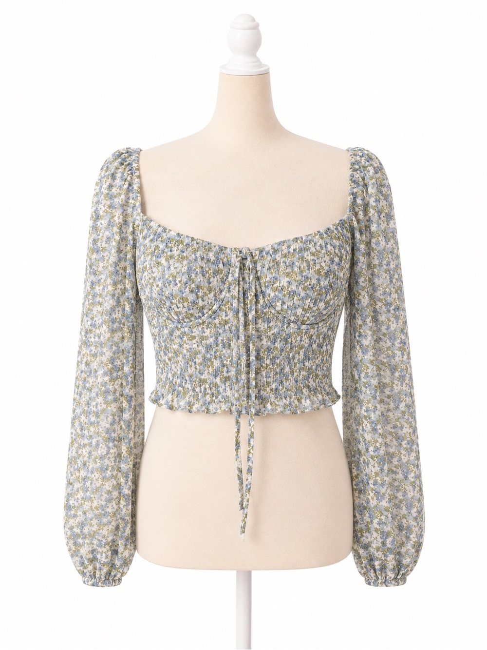 Storia Blue Floral Bustier Crop Top Long Puff Sleeve Smocked Cottagecore Size M